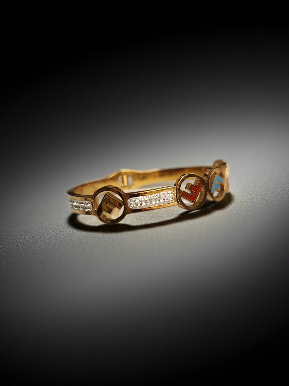 Fendi Gold-Tone Enamel Logo Circle Bangle with Red and Blue Accents - Picture 2 of 5